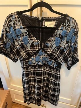 Anthropologie Embroidered Plaid Short Sleeve Dress with Blue Florals